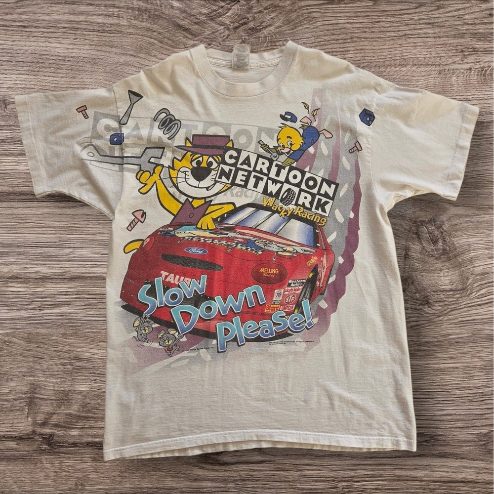 Vintage 1998 Cartoon Network Wacky Racing Shirt XL Top Cat NASCAR All Over Print
